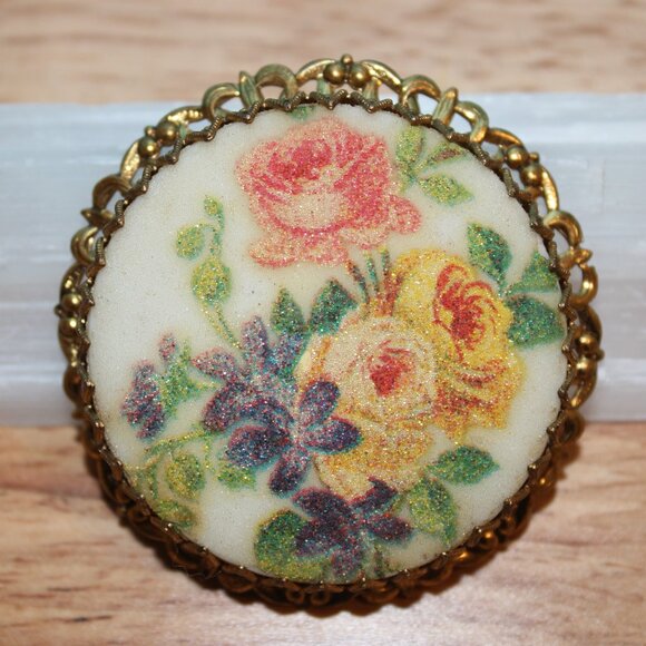 Vintage West Germany Sugar Glass Floral Flowers Gold Tone Brooch Pin - Picture 5 of 5